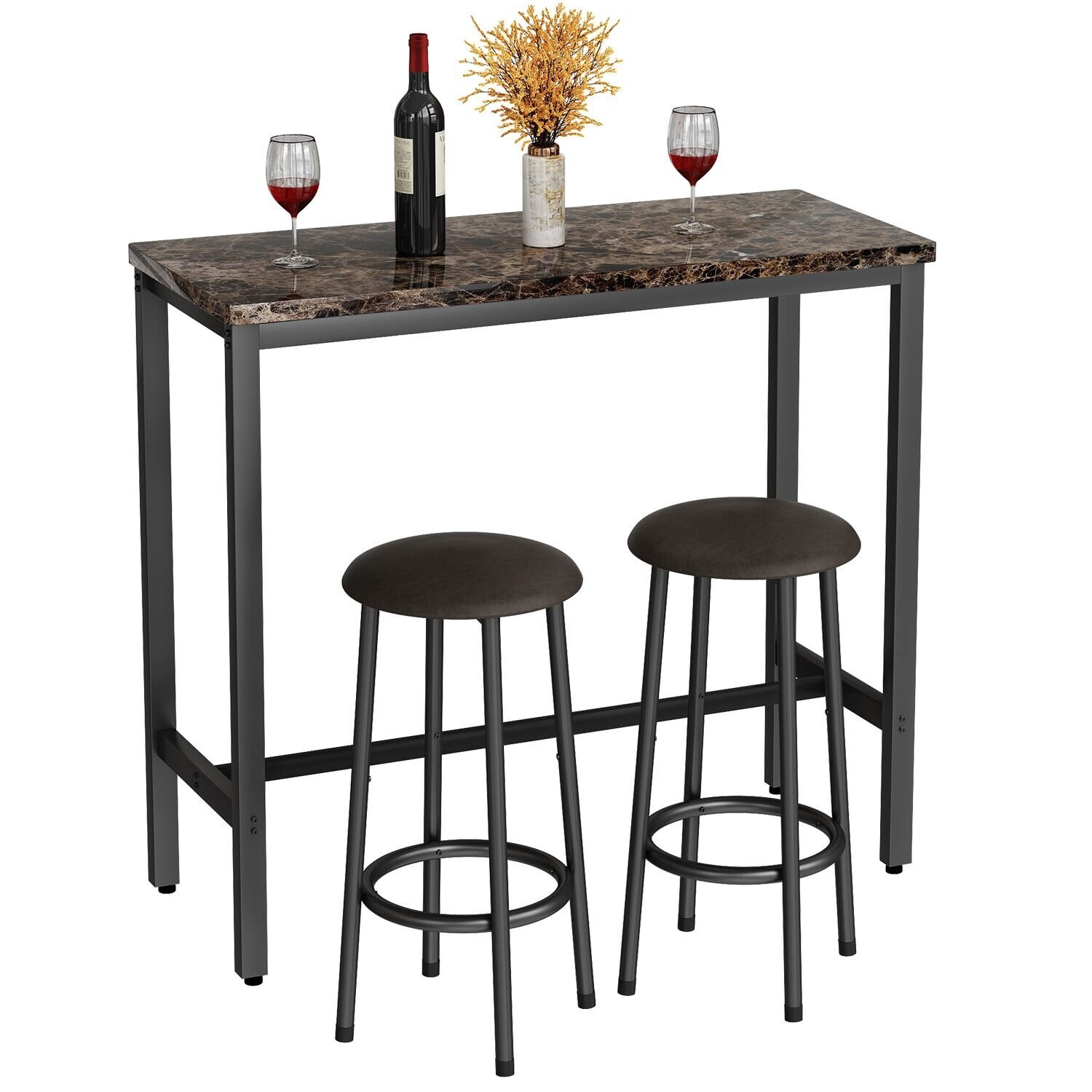 Mieres Modern 3 Pieces Counter Height Dining Table Set, Faux Marble Top Bar Table with 2 Leather