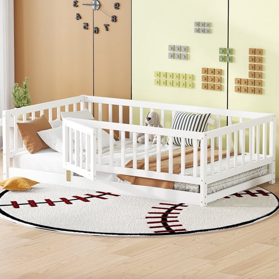Mieres Twin Size Montessori Floor Bed with Slats & Door, Wooden Bed Frame with 21.5" Fence-Style Guardrails, No Box Spring Needed, Sturdy Pine Wood Bed, White