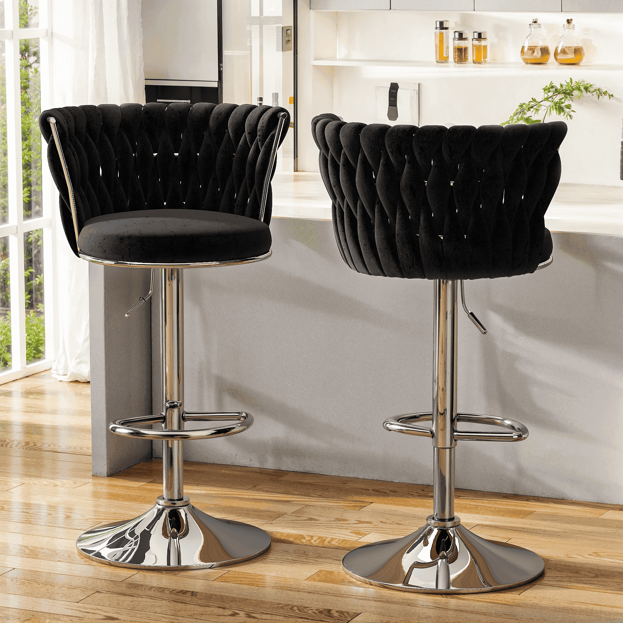 Mieres Velvet Bar Stools Set of 2, Adjustable Height Swivel Pub Chairs with Woven Back, Counter Height Dining Chairs with Footrest, 360° Rotating Kitchen Island Stools for Home & Bar, Black