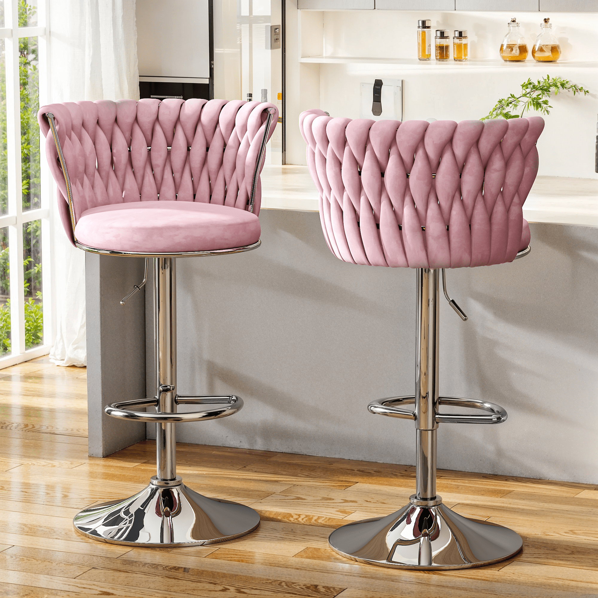 Mieres Velvet Bar Stools Set of 2, Adjustable Height Swivel Pub Chairs with Woven Back, Counter Height Dining Chairs with Footrest, 360° Rotating Kitchen Island Stools for Home & Bar, Pink