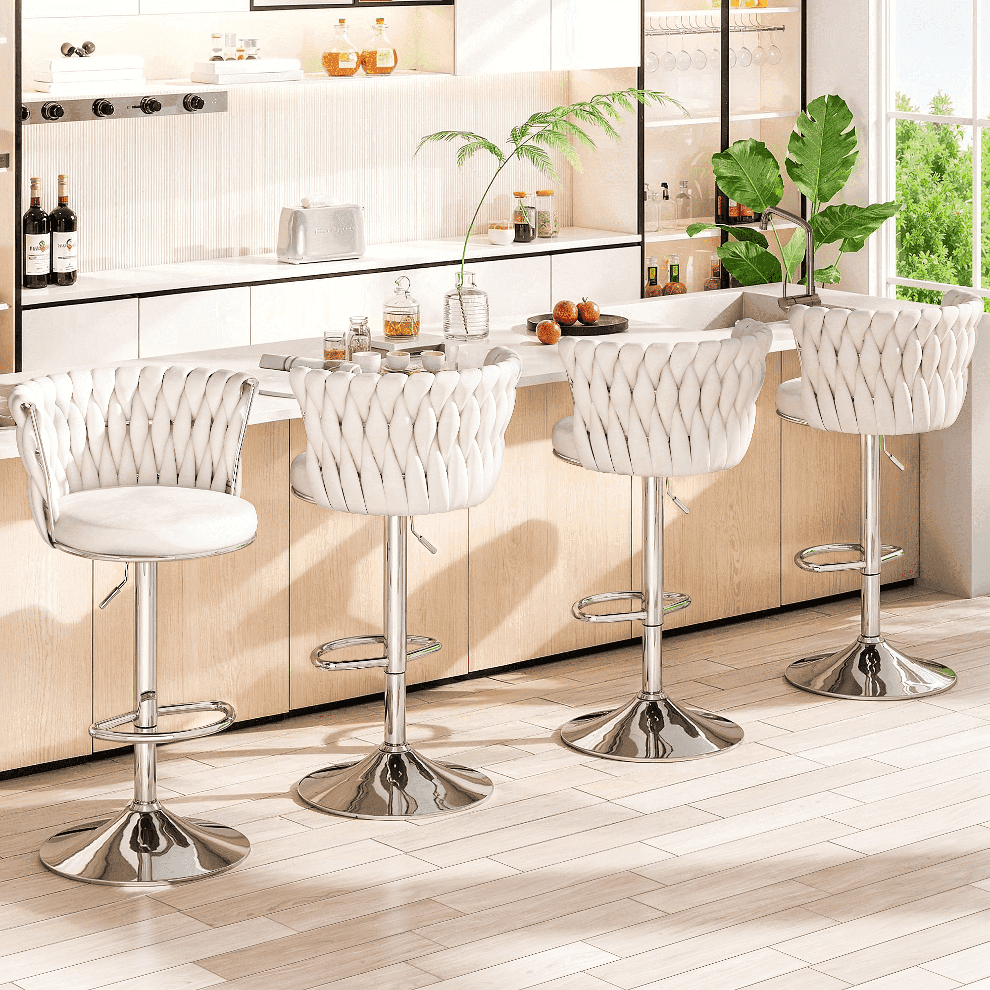 Mieres Velvet Bar Stools Set of 4, Adjustable Height Swivel Pub Chairs with Woven Back, Counter Height Dining Chairs with Footrest, 360° Rotating Kitchen Island Stools for Home & Bar, Beige