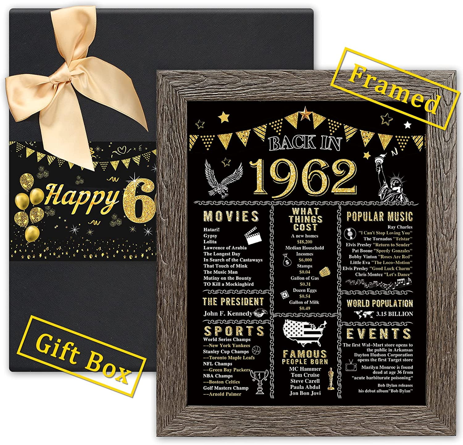Mierting 60th Birthday Gifts for Men & Women, FRAMED 1962 Birthday Decorations with Beautiful Gift Box, Men's & Women's Happy 60th Birthday Gift Ideas, Back In 1962 Poster- 8" x 10" - Walmart.com