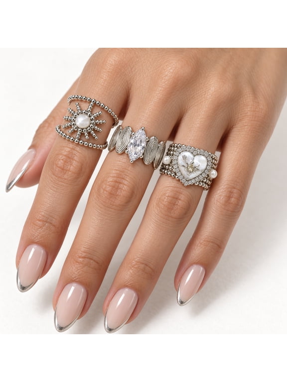 Women's 3-Piece Silver-Tone Adjustable Statement Ring Set, Heart Sun & Marquise