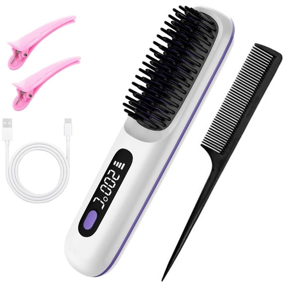 Mifanstech Cordless Hair Straightener Brush, Portable Thermal Comb Straightener, Ionic Hair Straightener Comb with LED Display, Women's 3-in-1 Ceramic Hot Comb,White