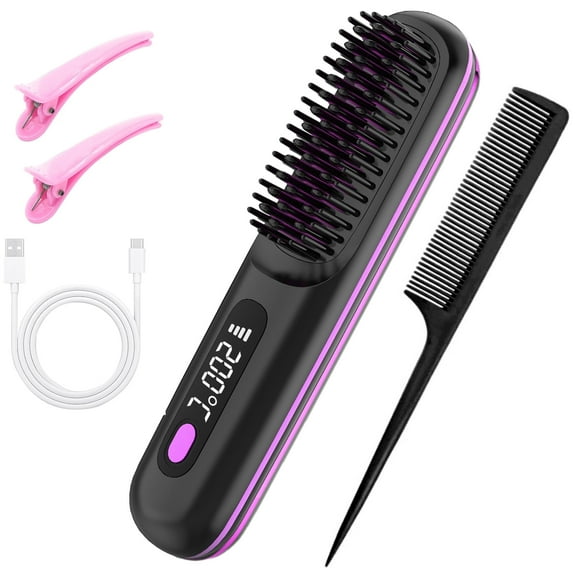 Mifanstech Cordless Hair Straightener Brush, Portable Thermal Comb Straightener, Ionic Hair Straightener Comb with LED Display, Women's 3-in-1 Ceramic Hot Comb,Black