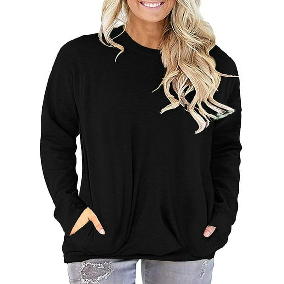 Mifater Plus Size Top for Womens Going Out Long Sleeve Tunic Tops with Pockets Shirts Baggy Shirts for Women Black Tees