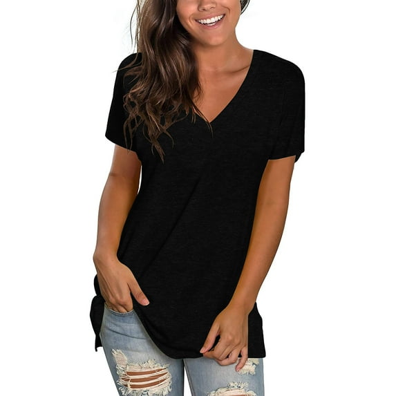 Mifater Summer Top for Women V-Neck T Shirts Loose Fit Short Sleeve Tunic Tops Casual Comfy Blouse Plus Size Black Tees