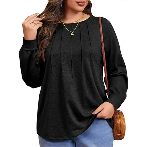 Mifater Women Plus Size Tops Fall Long Sleeve T Shirts Fashion Pleated Crew Neck Blouses Solid Color Loose Tunic Tops for Women