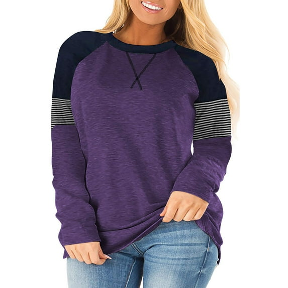 Mifater Women Plus Size Tunic Tops Spring Round Neck Tops Long Sleeve Stripe Print Blouse Purple Sweatshirt for Ladies
