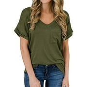 Mifater Womens V Neck T Shirts Short Sleeve Tops Loose Casual Summer Blouse with Pocket Green Tees