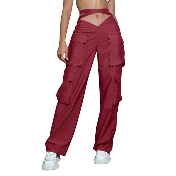 Mifelio 2024 Cargo Pants Women Relaxed Fit Baggy Black Pants High Waist Zipper Slim Drawstring Waist with Pockets Loose Plus Size Womans Parachute Pant Cargo Joggers Pants for Women Red XS