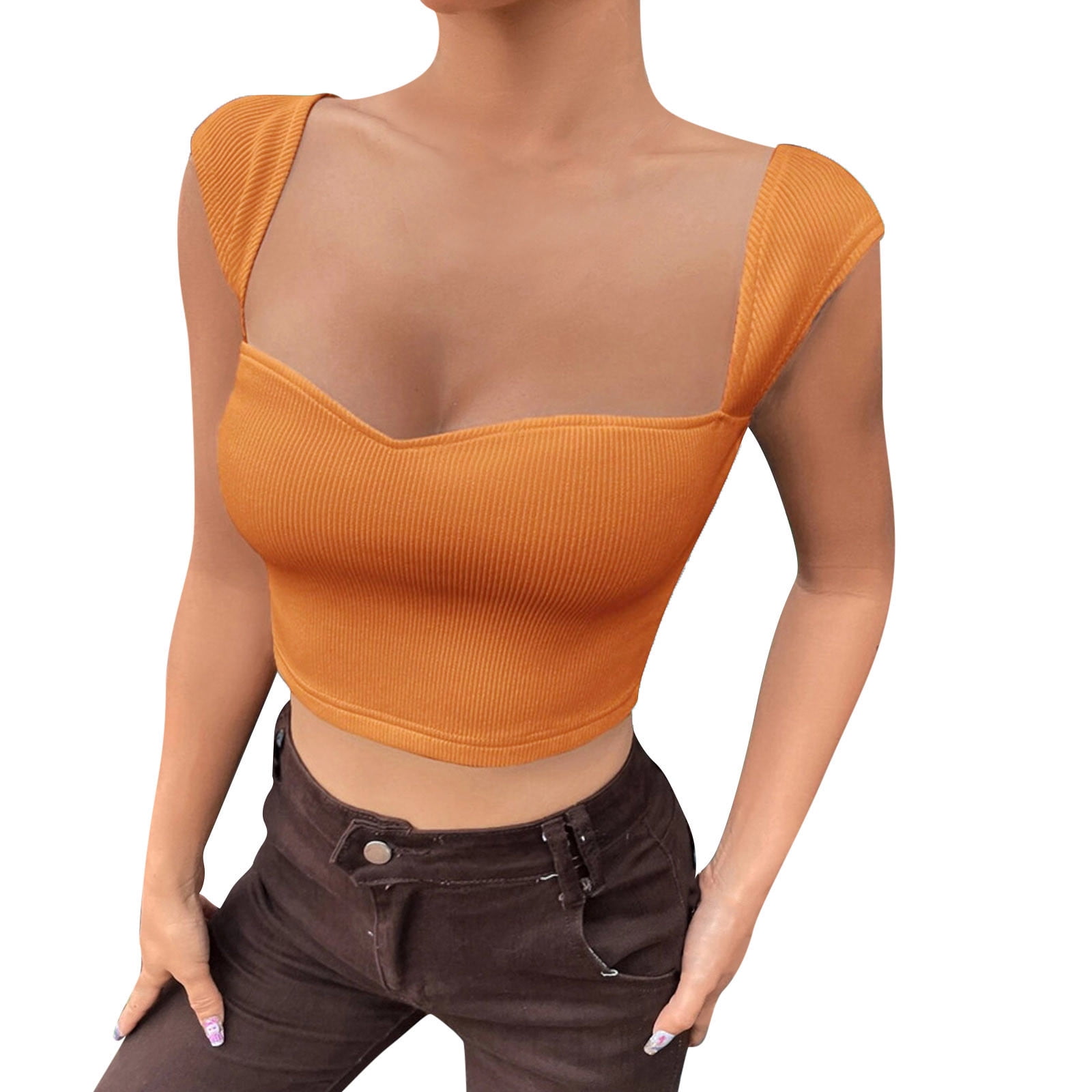 Mifelio Crop Tops for Women Summer New Solid Slim Square