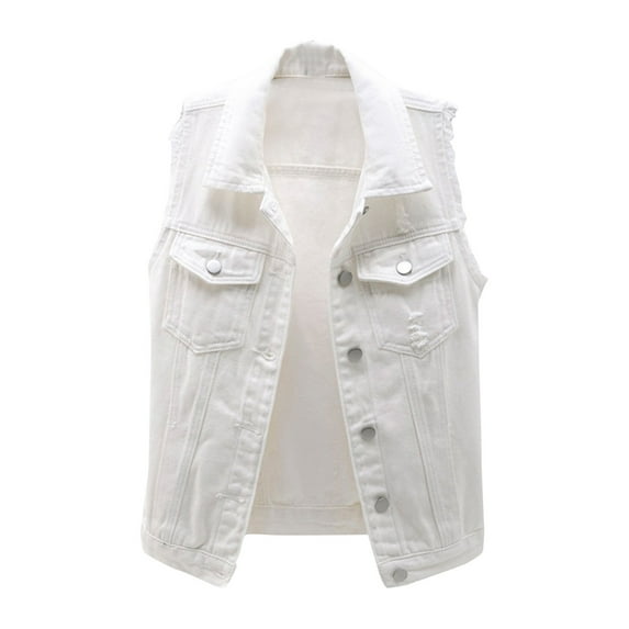 Mifelio Denim Jacket Top Loose Solid Shirt Denim Jacket Sleeveless Denim Vest Women's Color Women's Blouse Womens Vest White L