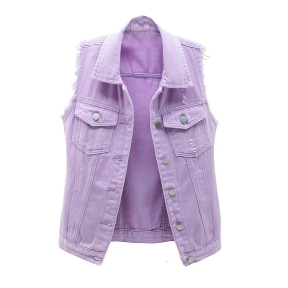 Mifelio Denim Vest, Vest Top Loose Women's Denim Jacket Shirt Sleeveless Solid Color Denim Women's Blouse Denim Top Denim Jackets for Women Purple L