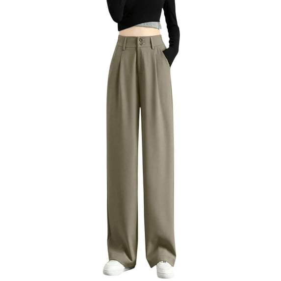 Mifelio Dress Pants for Women, Women's Wide Leg Pants High Elastic Waisted in The Back Business Work Trousers Long Straight Suit Pants for Summer Wide Leg Pants Woman Khaki L