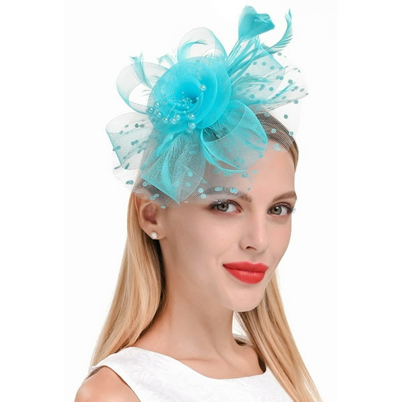 Mifelio Fascinators Hats for Women Feather Tea Party Bridal Wedding Cocktail Mesh Flower Headband Hair Clip Hair Accessories for Women Blue