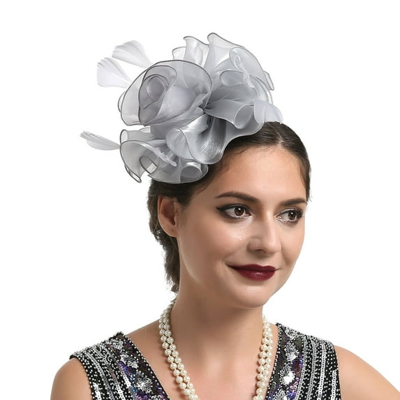Mifelio Fascinators Hats for Women Wedding Flower Cocktail Mesh Feathers Hair Clip Tea Party Headband Hair Accessories for Women Grey One Size