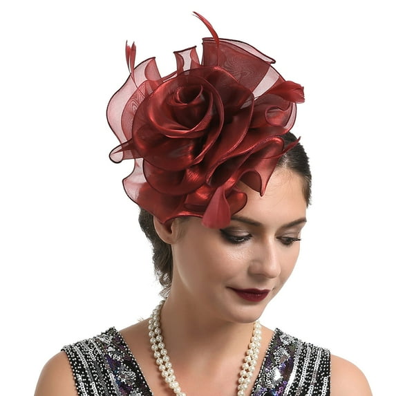 Mifelio Fascinators Hats for Women Wedding Flower Cocktail Mesh Feathers Hair Clip Tea Party Headband Hair Accessories for Women Wine One Size