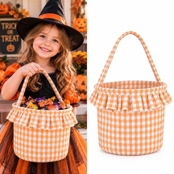 Mifelio Halloween Treat Bag, Trick or Treat Candy Bag, Fabric Plaid Candy Bucket Bag with Handle, Reusable Halloween Tote Bag for Kids, Party Favors, Candy Collection and Holiday Gifts