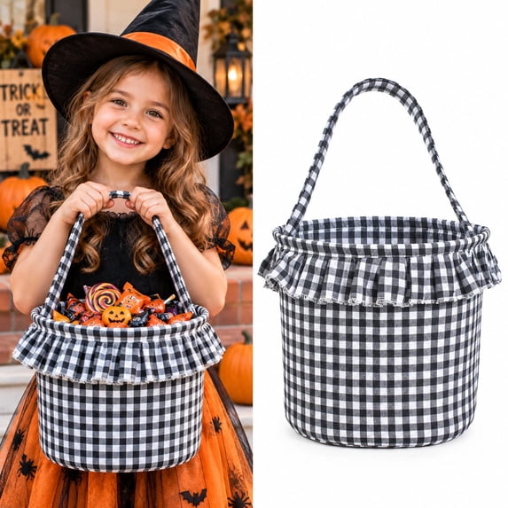 Mifelio Halloween Treat Bag, Trick or Treat Candy Bag, Fabric Plaid Candy Bucket Bag with Handle, Reusable Halloween Tote Bag for Kids, Party Favors, Candy Collection and Holiday Gifts