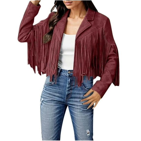 Mifelio Jackets for Women Fringe Jacket Solid Color Fringe Faux Suede Leather Jacket Fashion Fringe Motorcycle Cropped Jacket Faux Leather Jacket Women Cowboy Outfits for Women Wine XXL