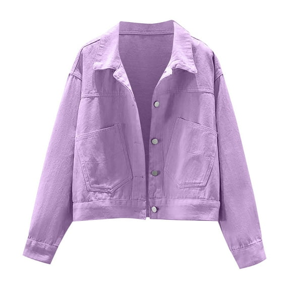 Mifelio Jean Jacket Women, Women's Fashion Denim Jacket Casual Solid Color Jacket Cardigan Button Cargo Coat Jackets for Women Purple L