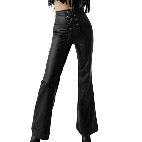 Mifelio Leather Pants for Women, Womens Faux Leather Flare Pants High Waisted Tie Front PU Leather Bell Bottom Pants Stretchy Wide Leg Leggings Women's Pants Black L