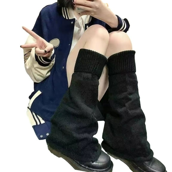 Mifelio Leg Warmers for Women Winter Women Leg 1 Pair Japanese Style Flared Shape Long Student Leg Elastic Cuffs Solid Color Striped Loose Knitted Leg Fashion Leg Warmers Y2K Black