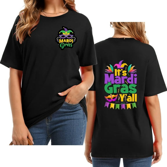 Mifelio Mardi Gras Outfit for Women, Womens Shirts It's Mardi Yall Women's Letter Print Round Neck Short Sleeve T Shirt Top Womens Tops Black L