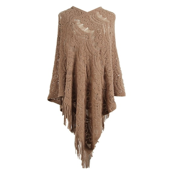 Mifelio Poncho Sweater Women, Women Mid Length Crochet Hollow Irregular Tassel Pullover Sweater Cape Shawl Knit Sweater Shawl Sweaters for Women Khaki One Size
