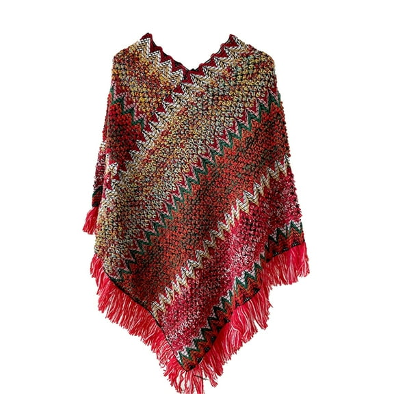 Mifelio Shawl Wraps for Women Nationl Print Colourful Splice Poncho with Tassels Knitted Shawl Scarf Fringed Wraps Pashminas Sweater Pullover Cape Sweater Tassel Hem Shawl Wrap Cloak Red