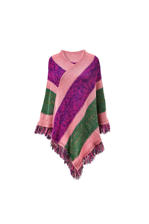 Shawl Wraps for Women, Women Print Splice Poncho with Tassels Knitted Shawl Scarf Fringed Wraps Pashminas Sweater Pullover Cape Gifts for Women Sweater Tassel Hem Shawl Wrap Cloak Purple