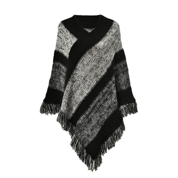 Mifelio Shawl Wraps for Women, Women Print Splice Poncho with Tassels Knitted Shawl Scarf Fringed Wraps Pashminas Sweater Pullover Cape Gifts for Women Sweater Tassel Hem Shawl Wrap Cloak Black