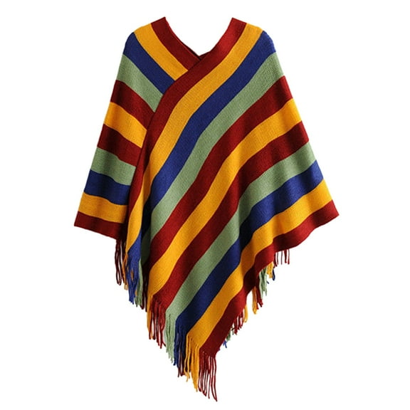 Mifelio Shawl Wraps for Women, Womens Colourful Pullover Sweater Cloak Tassels Other Scarves & Shawls Knitwear Loose Sweater Irregular Hem Splicing The Shawl Poncho Sweater Women A