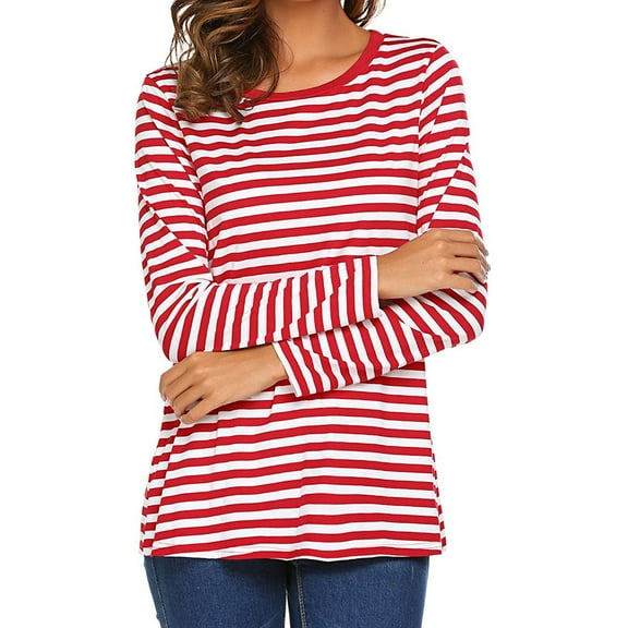 Mifelio Shirts for Women Round Top Striped T-Shirt Women Blouse Neck Shirts Long Tunic Sleeve Women's Blouse Womens Shirts Red L