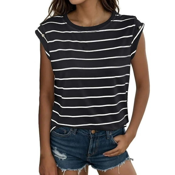 Mifelio Shirts for Women, Women's Summer Fashion Round Neck Loose Sleeveless Striped T Shirt Womens Shirts Black M