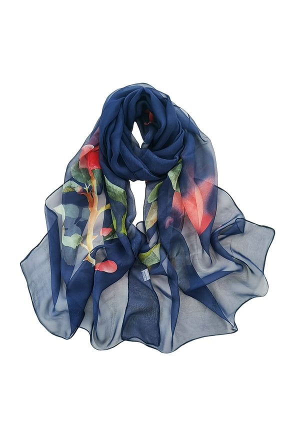 Silk Scarf for Women Scarfs for Women Lightweight Print Floral Pattern Scarf Shawl Fashion Scarves Shawls and Wraps for Spring Chiffon Shawl Navy2