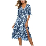 Mifelio Spring Summer Dresses for Women 2024 Women Casual Simple V Neck Flower Print Strappy Lace Long Dress Sundresses for Women, Womens Dresses Blue L