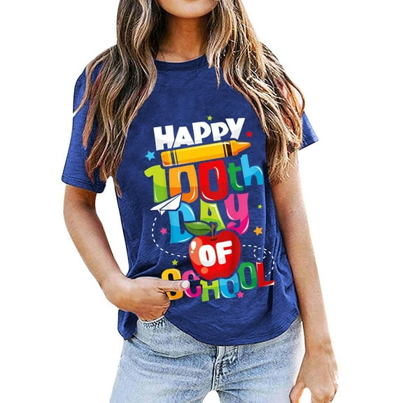 Mifelio Spring Tops for Women 2024 100 Days of School Shirt Teacher Shirts Women Teach Print Graphic Tshirt Casual Inspirational Short Sleeve Tops Womens Tops Blue XL