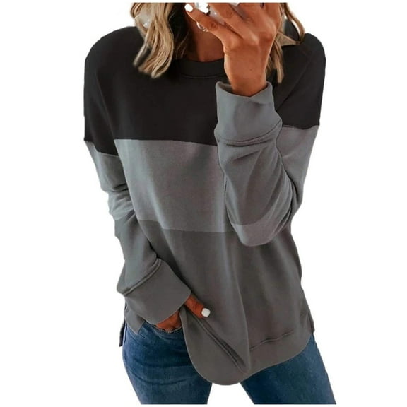 Mifelio Spring Tops for Women 2024 Fashion Sleeve Long Print Slim Women's Casual T Shirt Matching Top Color Women's Blouse Womens Tops Grey S