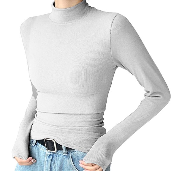 Mifelio Spring Tops for Women 2024 Women's Knitted Half Turtleneck Base Mid Neck Pullover Long Sleeved Top Womens Tops White L