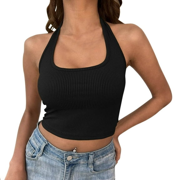 Mifelio Tank Top for Women Solid Rib Neck Backless Crop Top Navel Suspender Top Womens Tops Summer Tops Crop Tops for Women Black M