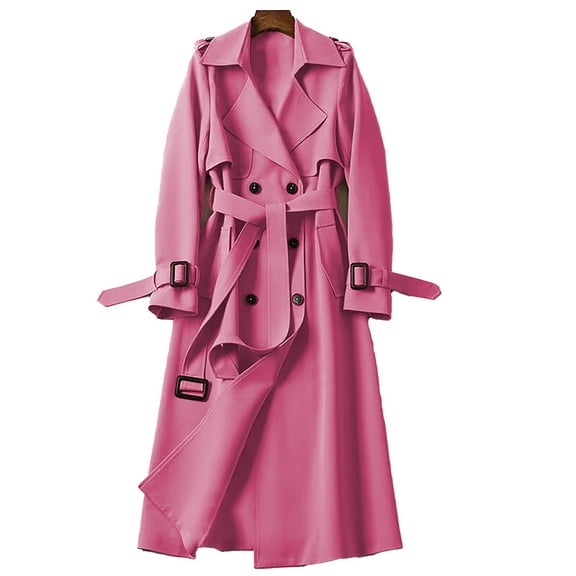 Mifelio Trench Coat Women, Women's Trench Coat Long Double Breasted Jacket Classic Elegant Windproof Lapel Overcoat with Belt Fall Winter Outwear Winter Coats for Women Pink2 M