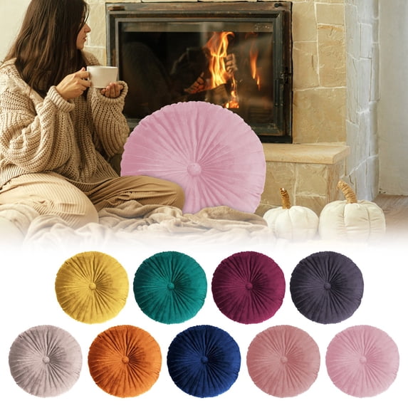 Mifelio Velvet Round Throw Pillow, Decorative Pleated Pillow, Pumpkin Style Cushion With Center Button, Sofa Chair Bed Home Decor #01