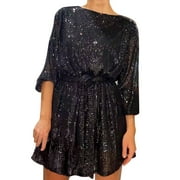 Mifelio Women's Formal Dresses Women's Holiday Party Sequin Beaded Lace Up Long Sleeved Dress, Dresses Wedding Guest Dresses for Women Black L
