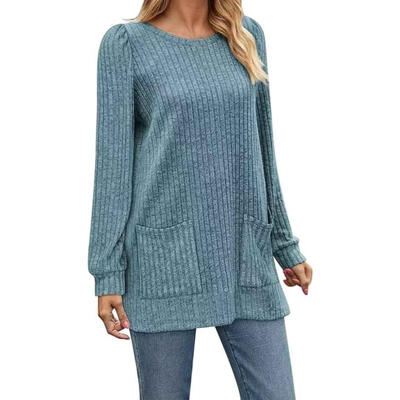 Mifelio Womens Sweaters Long Sleeve Shirts for Women Long Sweaters with Pockets Tunic Tops Loose Fit Womens Long Sleeve Tops Blue L