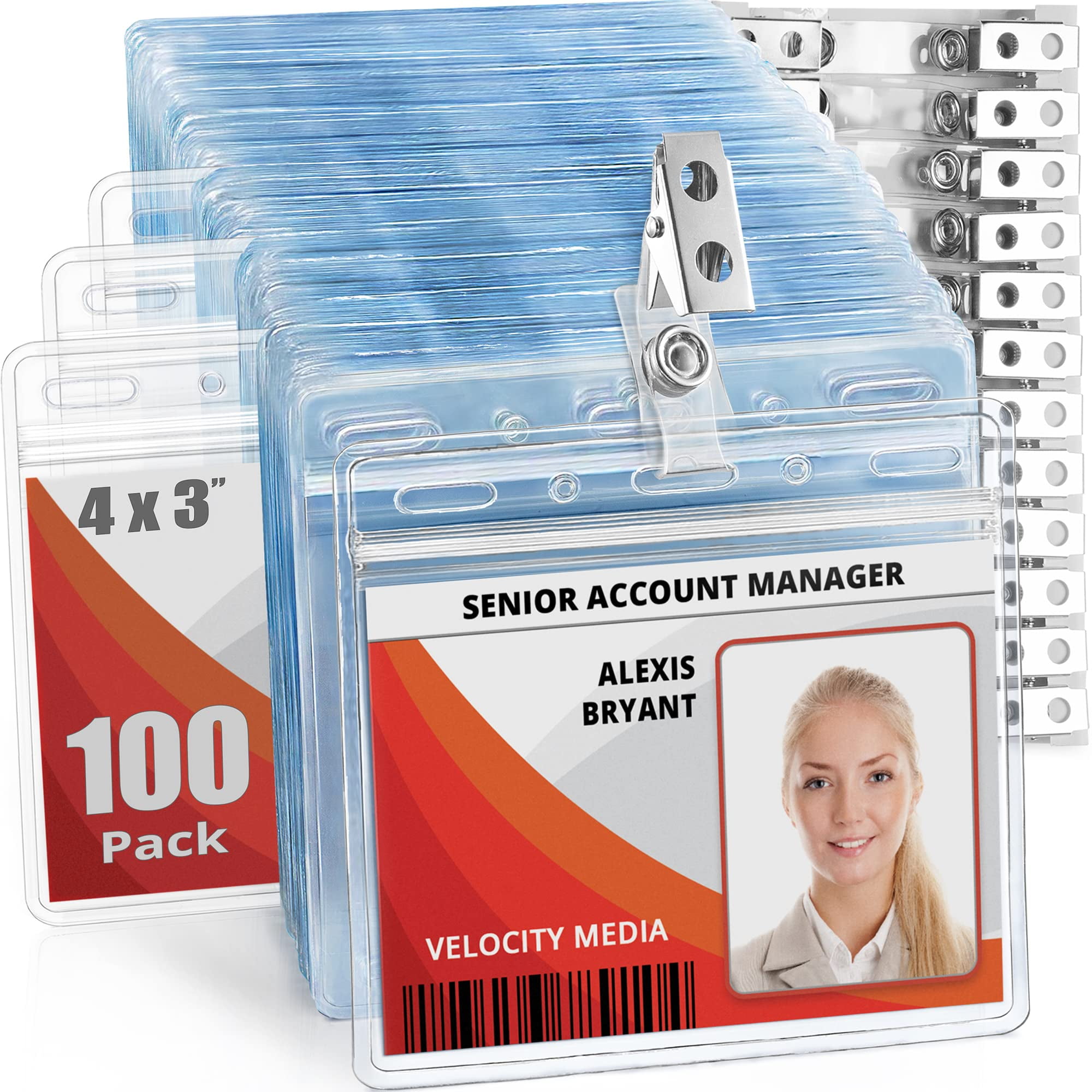 Mifflin 3" x 4" Clear Horizontal ID Badge Holders with Metal Clips, 100 Pack (US Company