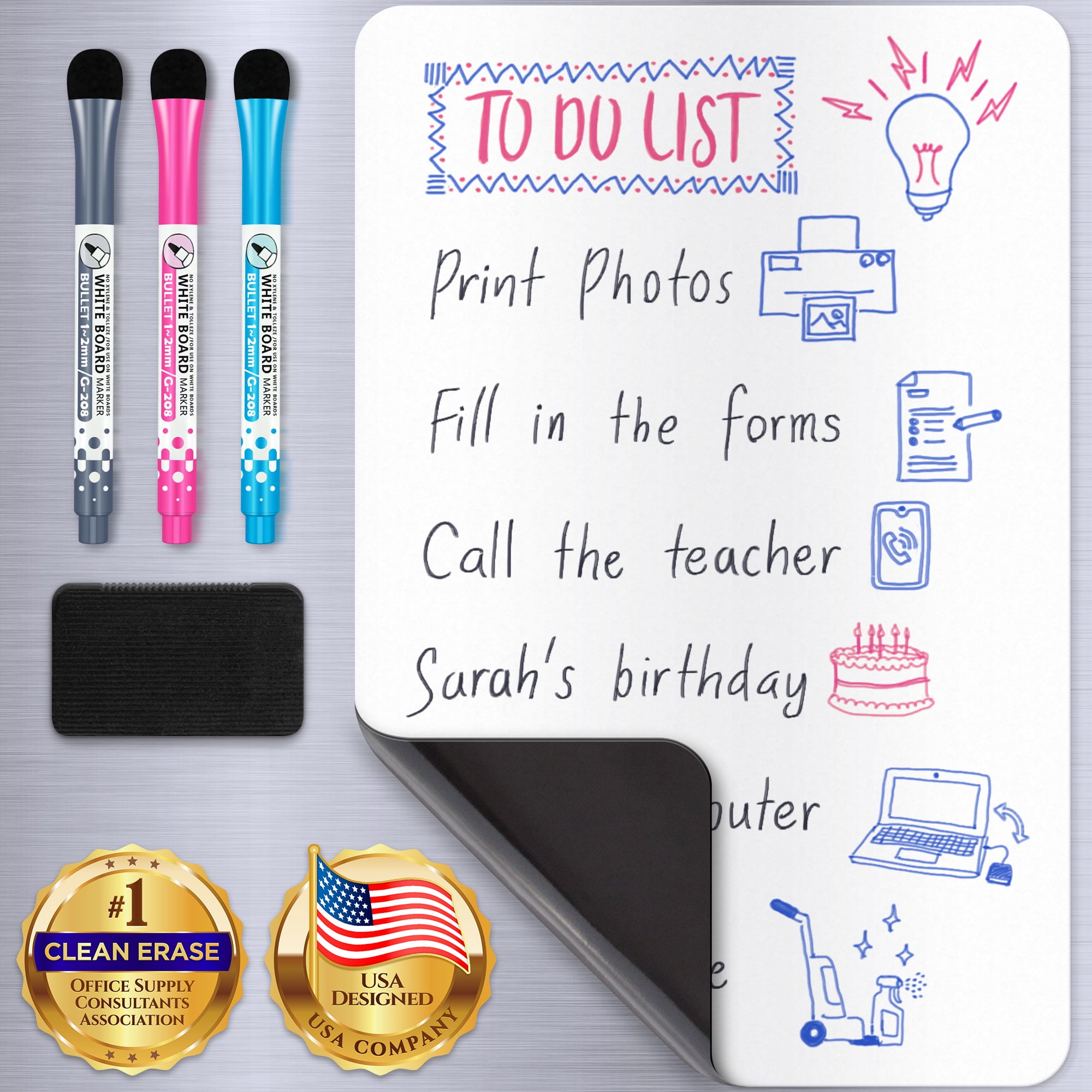 "Mifflin Dry Erase White Board for Fridge, 12x8"" with Markers & Eraser, Small