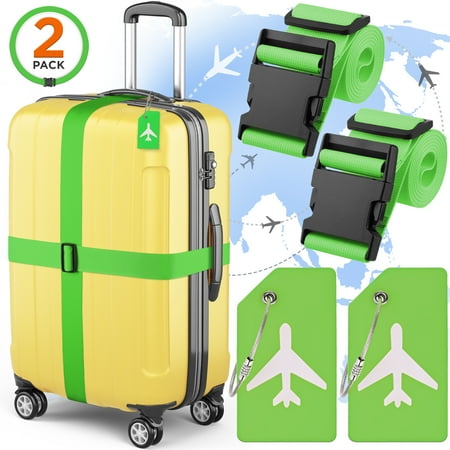 Mifflin Set of Luggage Straps W/ Luggage Tags (4 Pcs, Neon Green), Adjustable Suitcase Belt