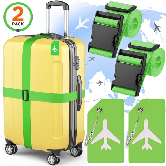 Mifflin Set of Luggage Straps W/ Luggage Tags (4 Pcs, Neon Green), Adjustable Suitcase Belt